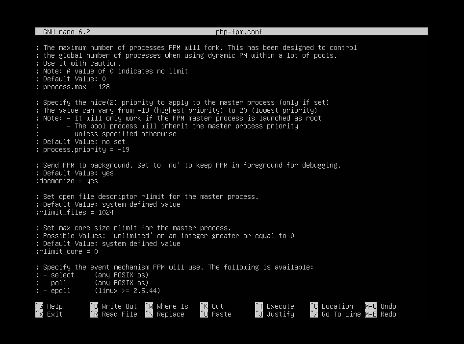php-fpm.conf in nano