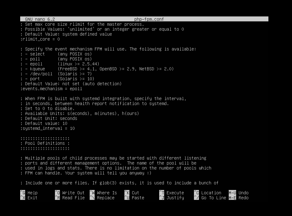 php-fpm.conf in nano