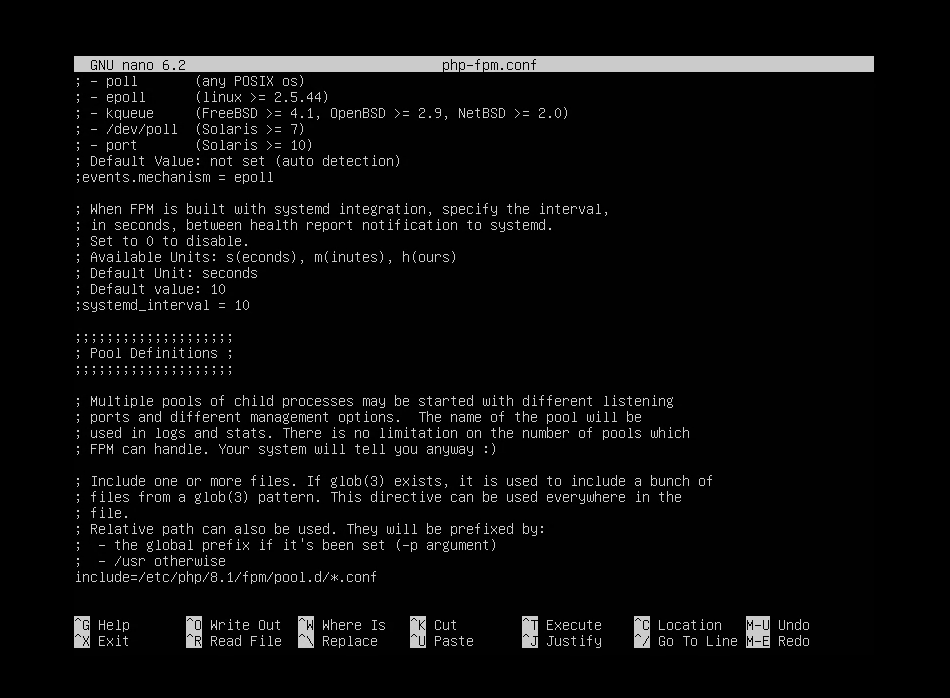 php-fpm.conf in nano